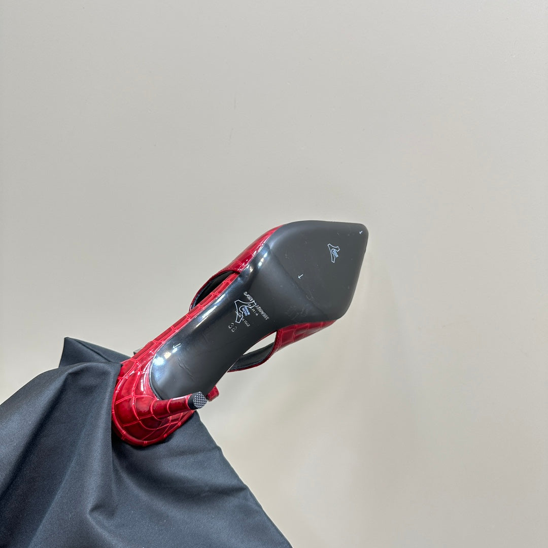 SL TRAPEZE CROCODILE MOTIF SLINGBACK PUMP RED CALFSKIN - 35