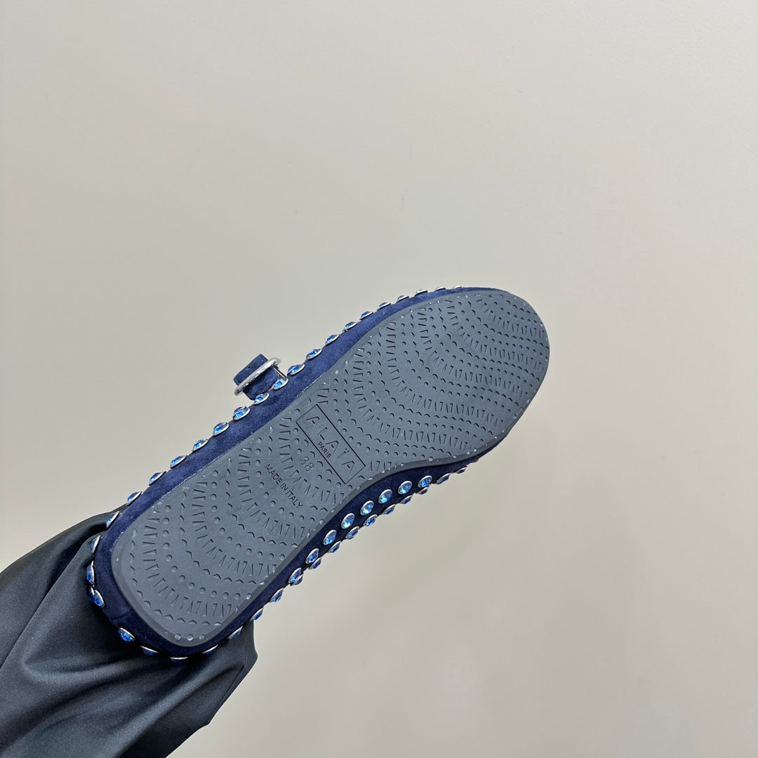 ALAIA CRYSTAL EMBELLISHED BALLET FLATS IN NAVY BLUE SUEDE - 34