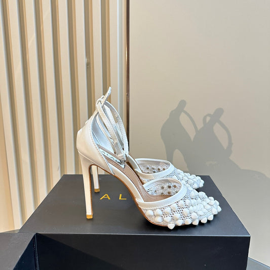ALAIA HIGH FISHNET PUMPS WITH STUDS IN WHITE LYCRA MESH AND LAMBSKIN - 34