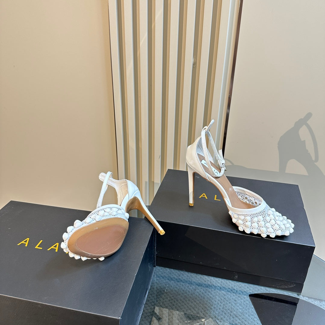 ALAIA HIGH FISHNET PUMPS WITH STUDS IN WHITE LYCRA MESH AND LAMBSKIN - 34