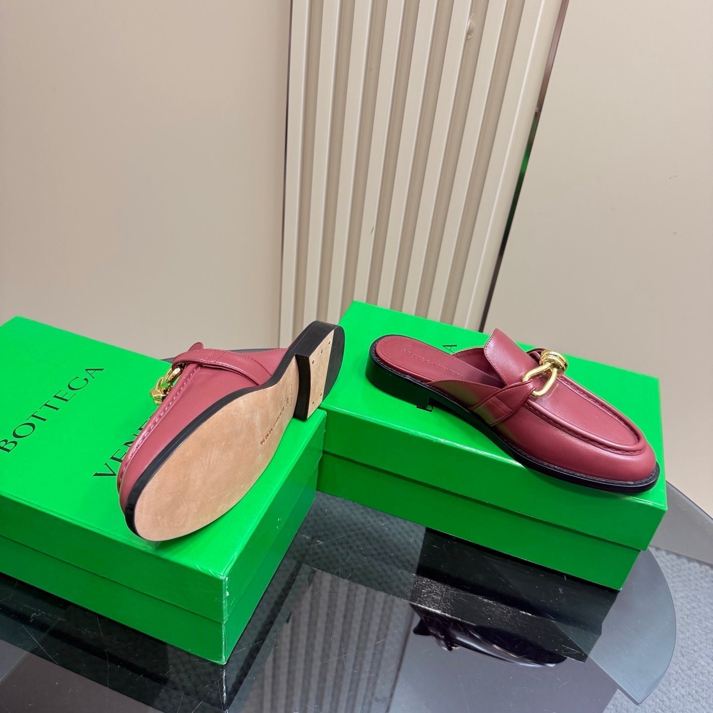 ASTAIRE MULE IN BERRY RED CALFSKIN WITH GOLD HARDWARE - 35