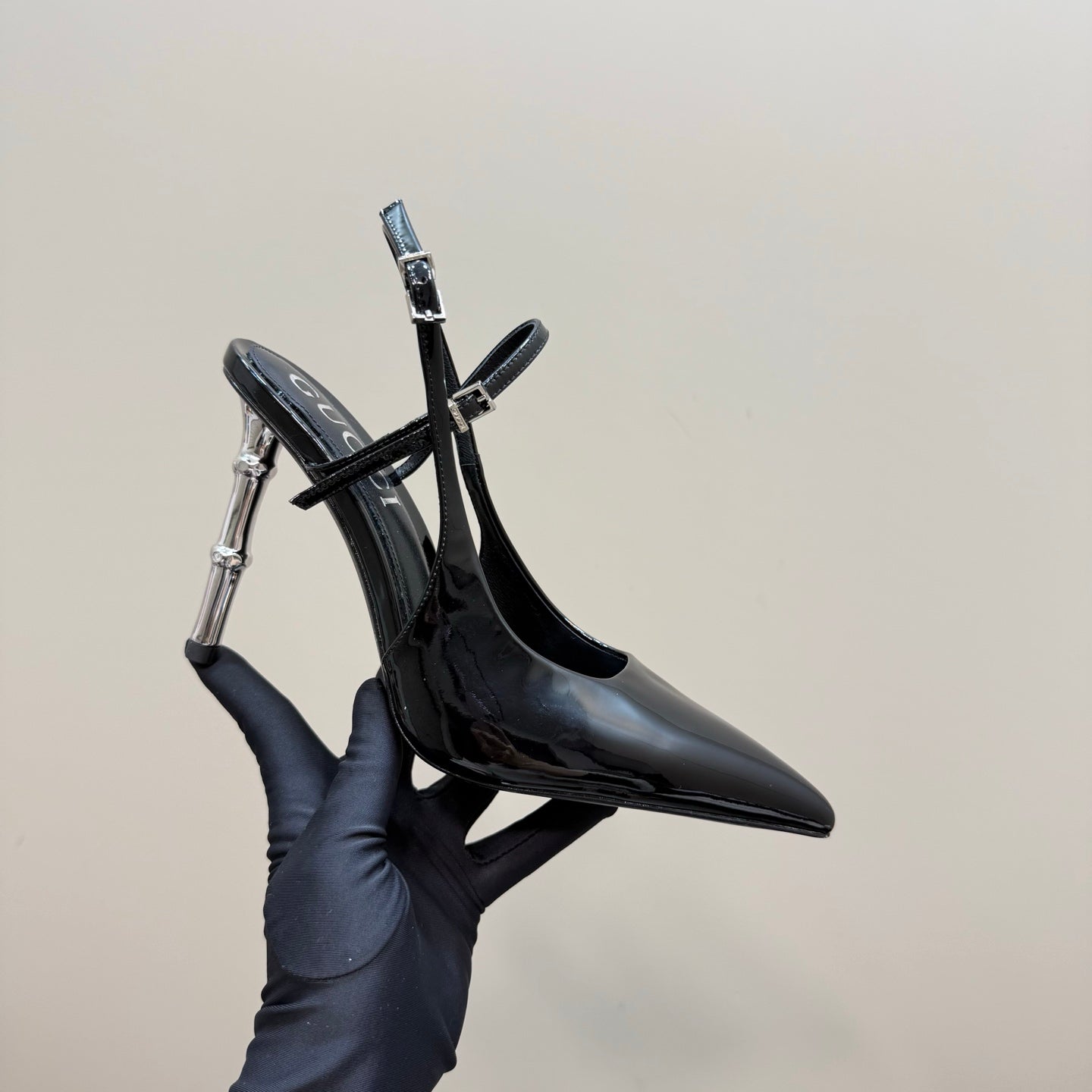 POINTED-TOE HIGH BAMBOO-EFFECT HEEL SLINGBACK IN BLACK PATENT CALFSKIN - 35