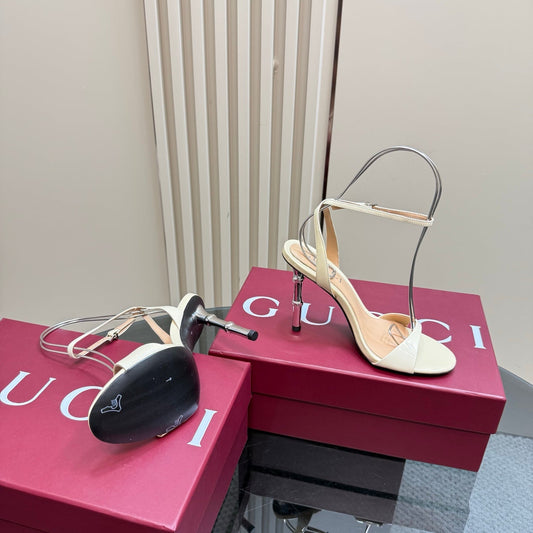 STRAP HIGH BAMBOO-EFFECT HEEL SANDAL IN CREAM PATENT CALFSKIN - 35
