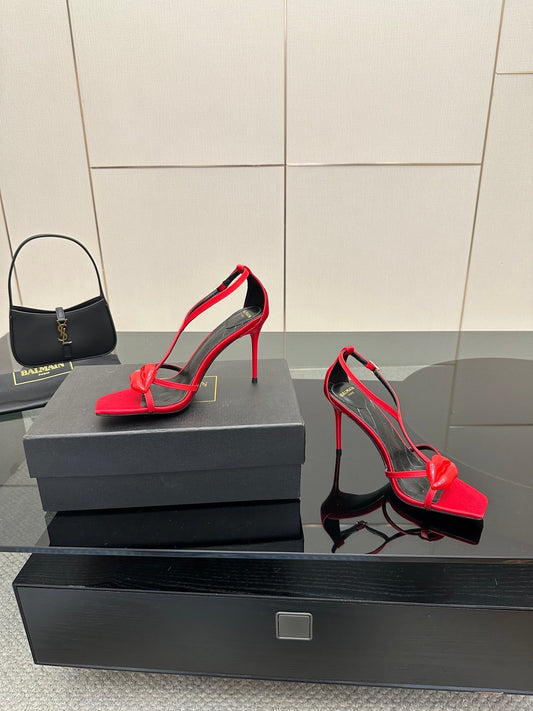 BALMAIN 25S LIPS SANDALS 10 IN CRIMSON RED SATIN - 35