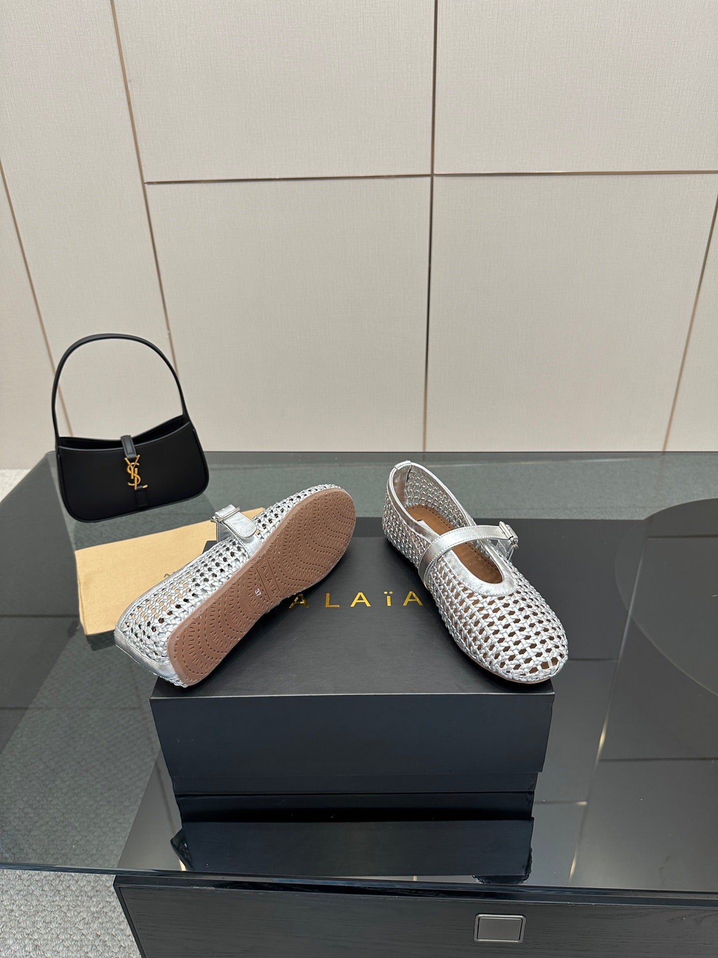 ALAIA MARY JANE FLAT 25S IN SILVER WOVEN MESH - 34