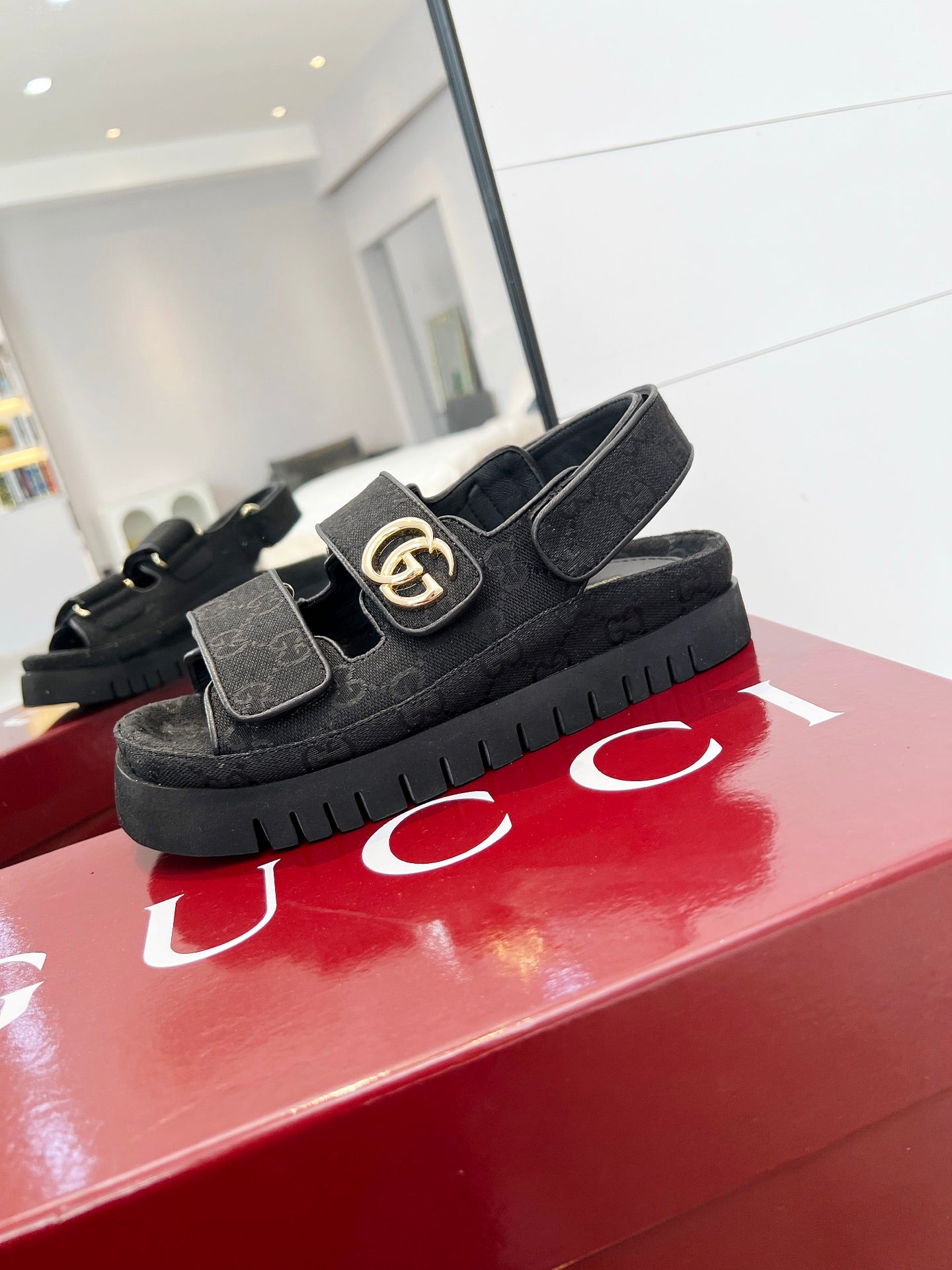 VELCRO STRAP SANDALS IN BLACK MONOGRAM CANVAS GOLD HARDWARE - 35