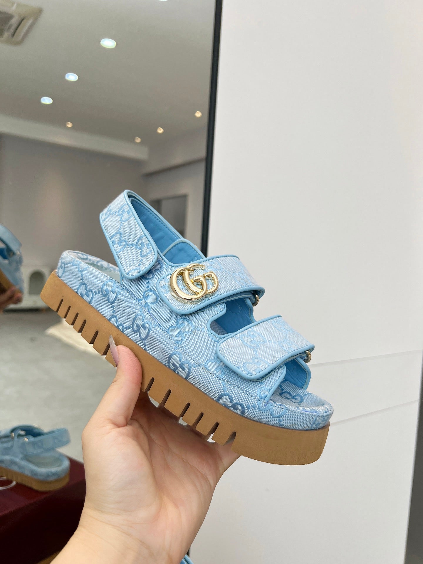 VELCRO STRAP SANDALS IN SKY BLUE MONOGRAM CANVAS GOLD HARDWARE - 35
