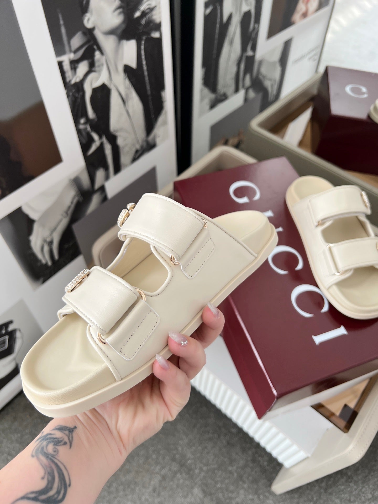 DOUBLE G CRYSTAL FLAT SANDALS IN IVORY SOFT LAMBSKIN - 35
