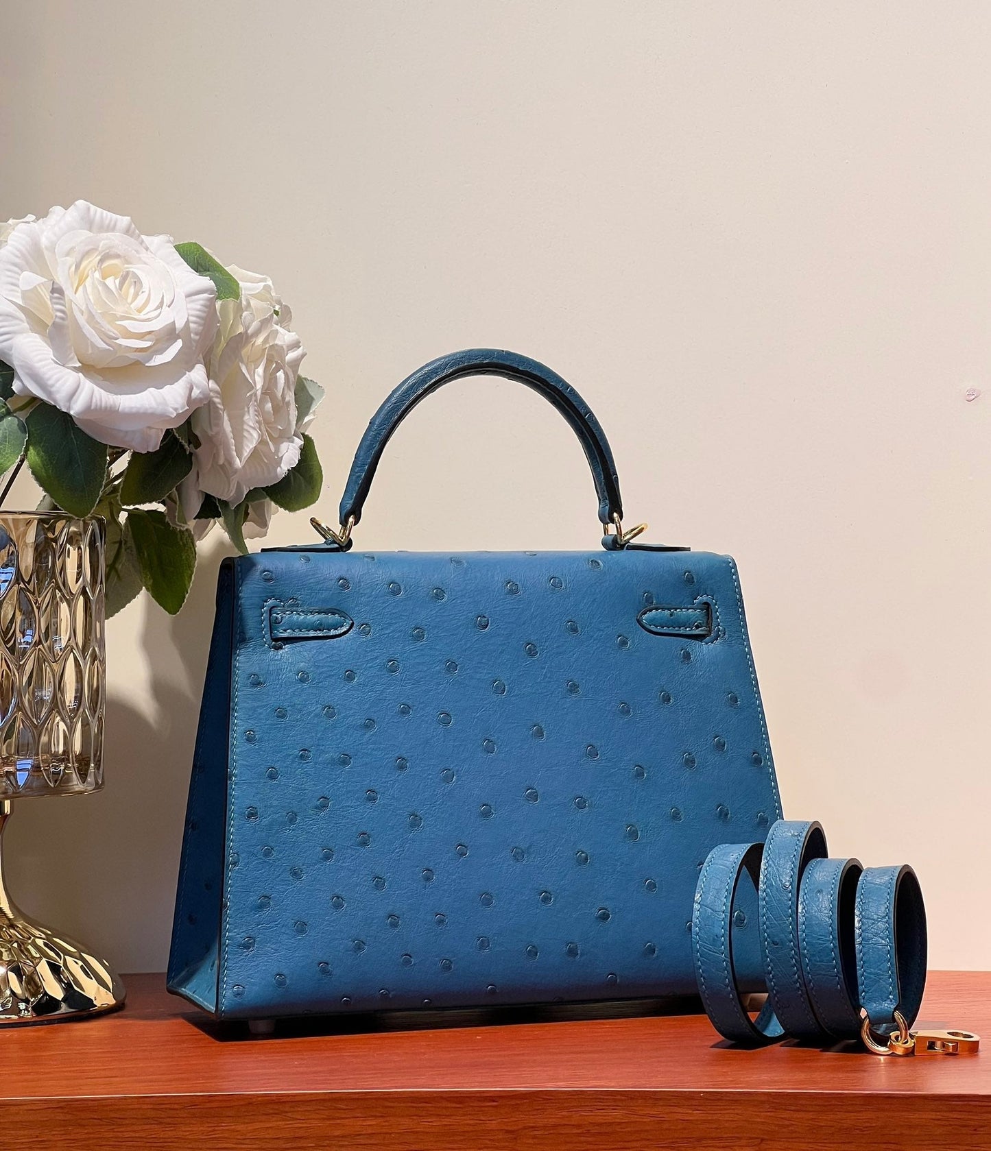 KELLY SELLIER 25 BAG IN ROYAL BLUE OSTRICH LEATHER