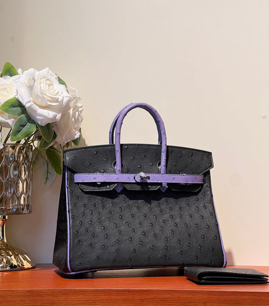 KELLY SELLIER 25 BAG IN BLACK MIX AMETHYST PURPLE OSTRICH LEATHER