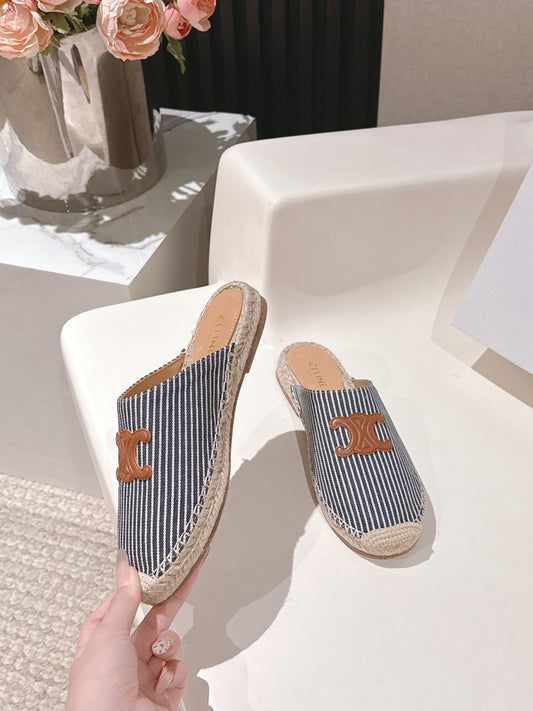 CELINE 25S ШЛЬОПАНЦІ-ЕСПАДРИЛЬЇ З СИНЬОГО СМУГАСТОГО ПОЛОТНА - 35