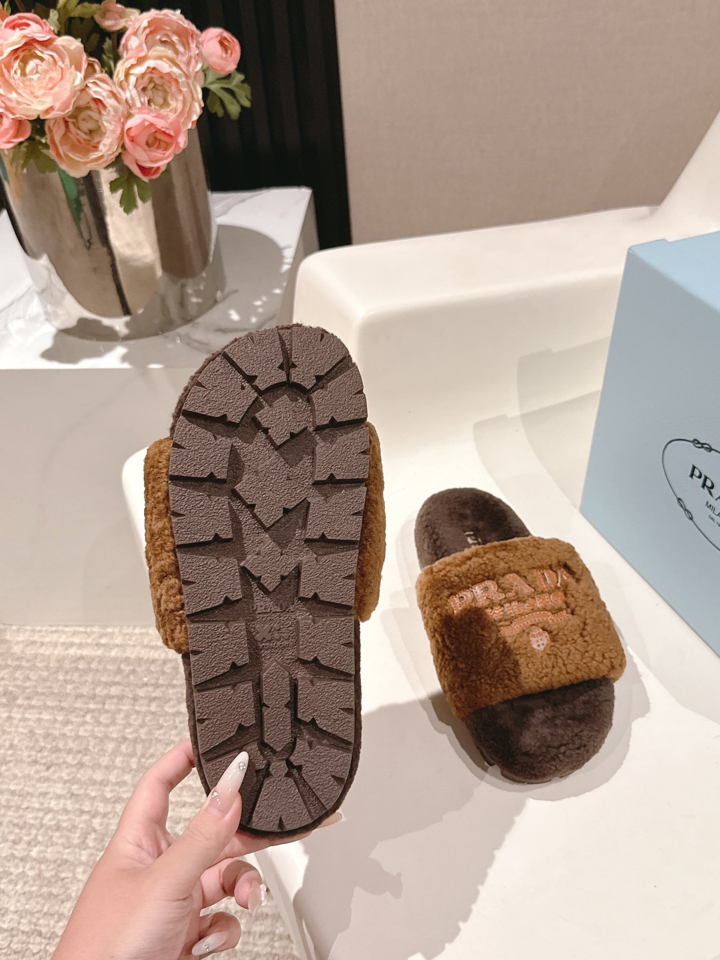 PRADA 25S FLAT MULES IN DARK BROWN RABBIT FUR - 35