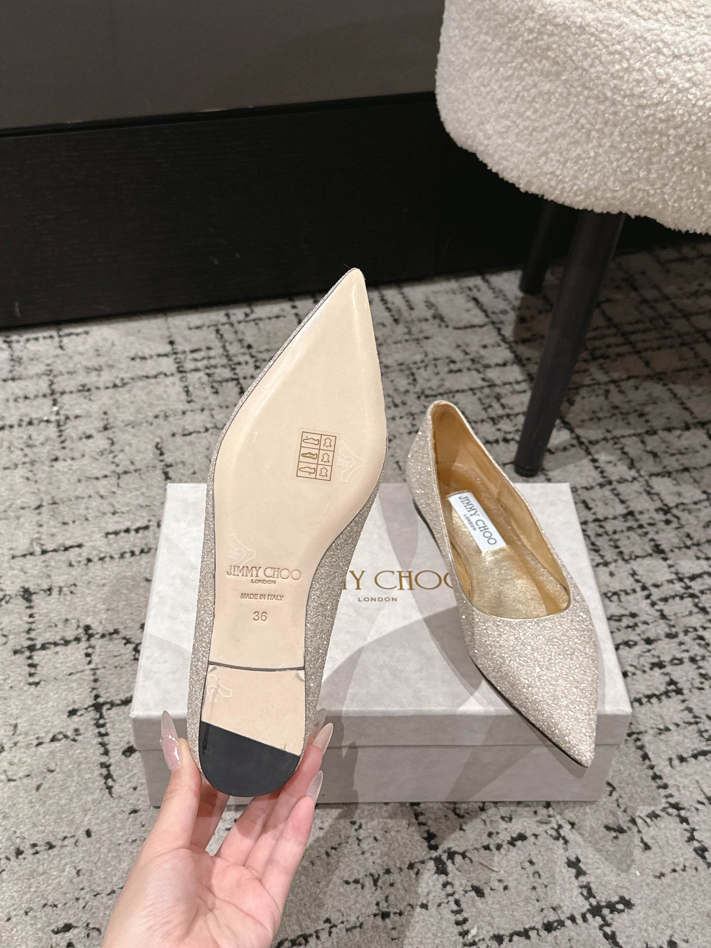 ГОСТРОНОСІ БАЛЕТКИ JIMMY CHOO 26S ІЗ БЛИСКІТКАМИ КОЛЬОРУ ШАМПАНСЬКОГО ЗОЛОТА