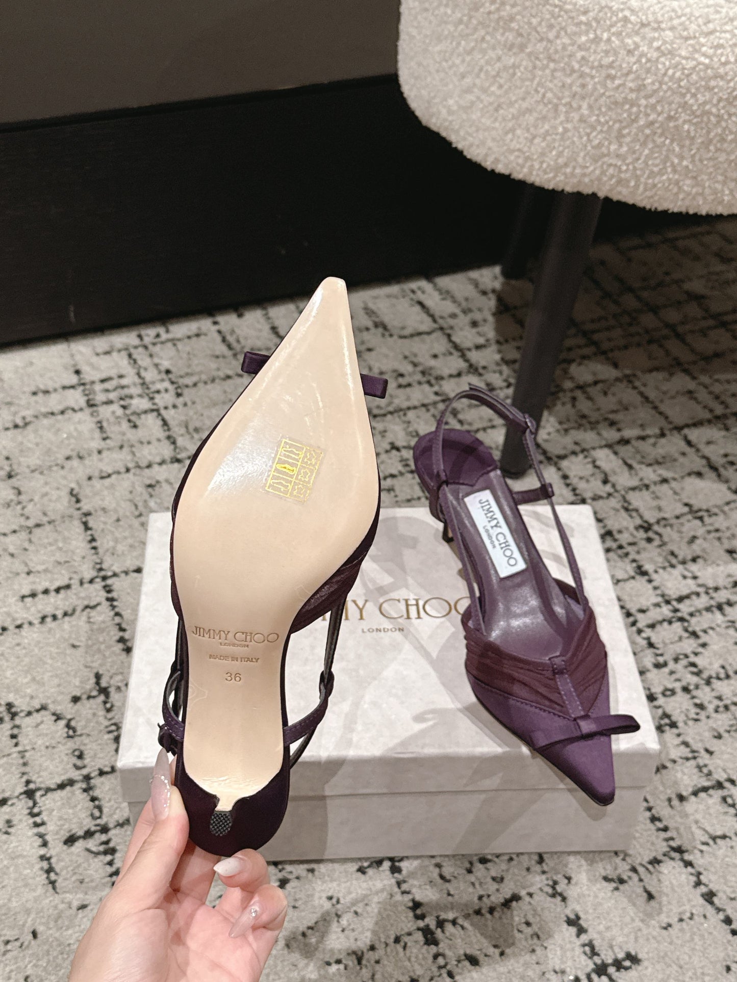 БОСОНІЖКИ JIMMY CHOO 26S НА ПІДБОРАХ 65 ММ З ТКАНИНИ ГЛИБОКОГО ФІОЛЕТОВОГО КОЛЬОРУ