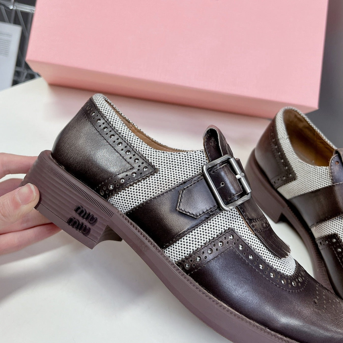 UNIQUE THICK-SOLED OXFORD SHOES BROWN MIX CREAM CALFSKIN - 35