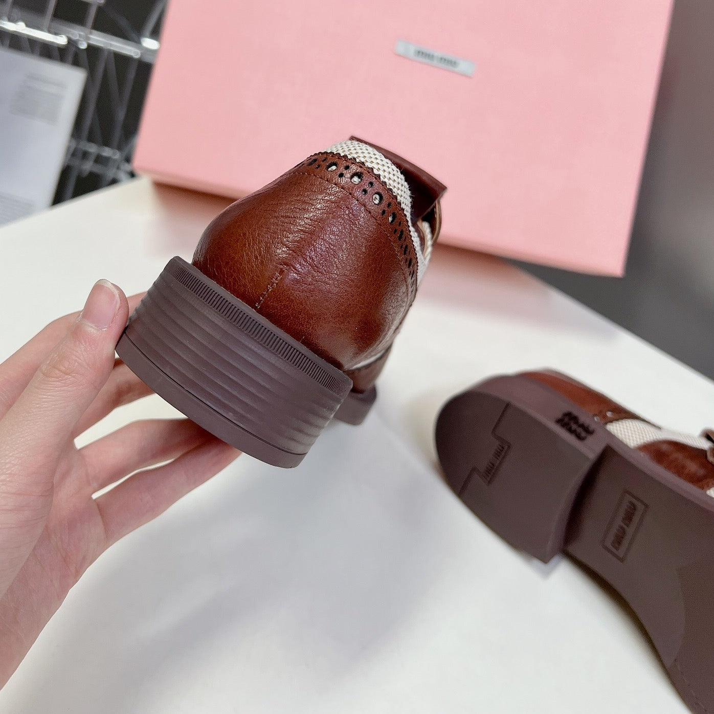 UNIQUE THICK-SOLED OXFORD BRIGHT BROWN MIX CREAM CALFSKIN - 35
