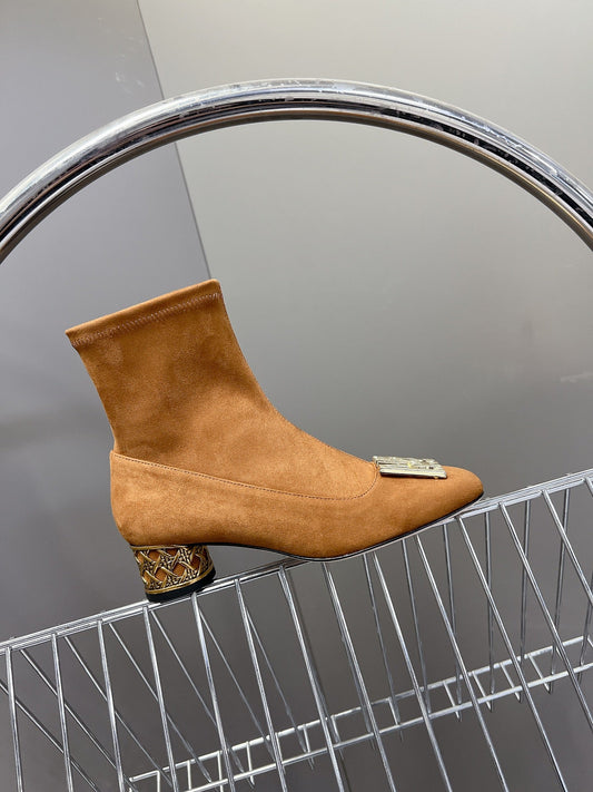 ICON HEELED ANKLE BOOT BRONZE BROWN SUEDE 4 CM WITH GOLD LOGO - 34