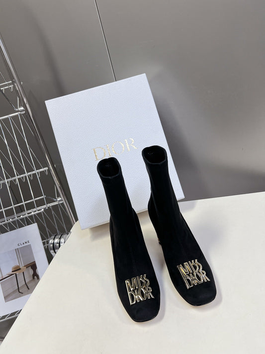 ICON HEELED ANKLE BOOT BLACK SUEDE 8 CM WITH GOLD LOGO - 34