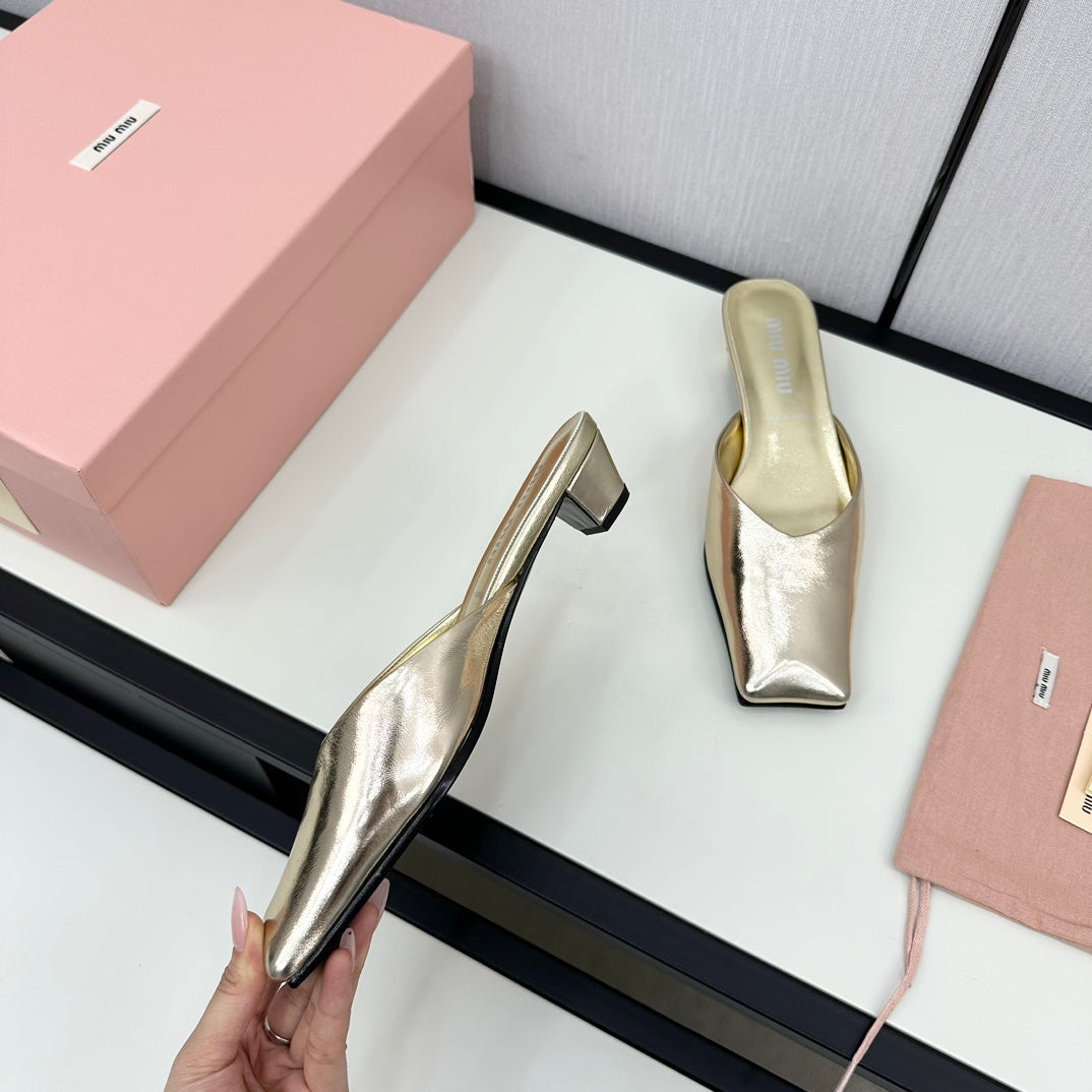 SQUARE TOE MULES METALLIC GOLD SHEEPSKIN - 35