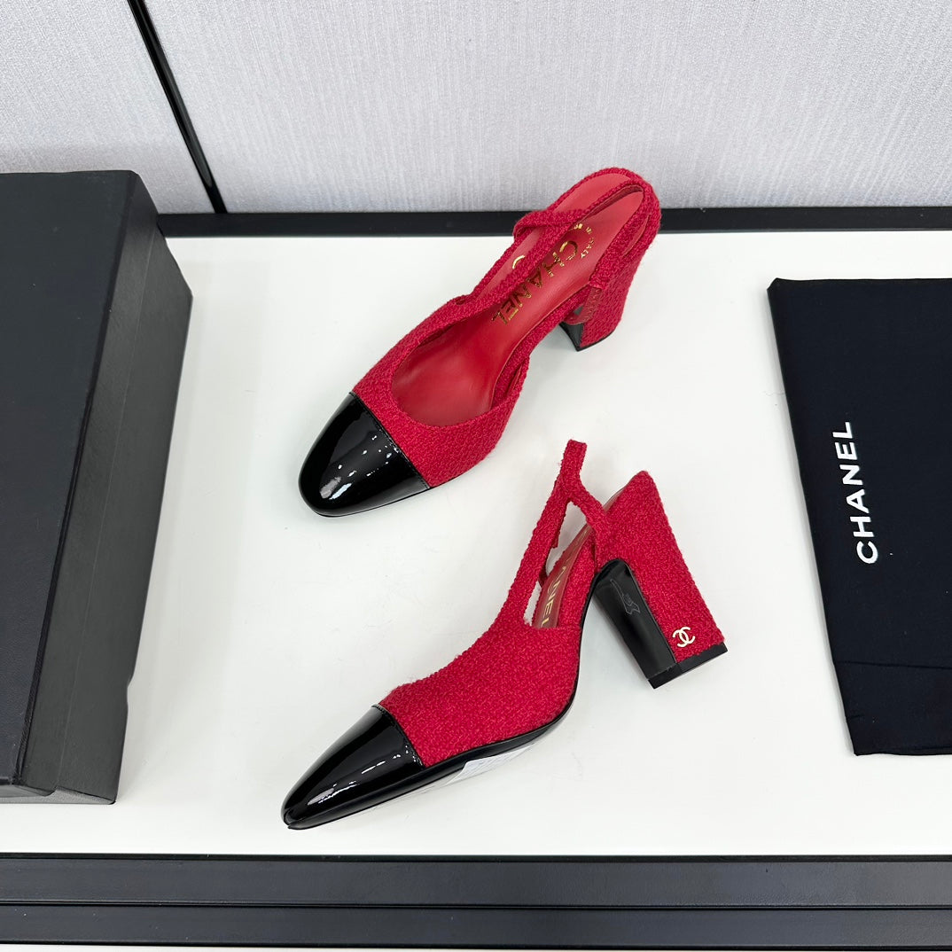 HIGH SLINGBACK ROSE RED TWEED AND BLACK CALFSKIN - 34