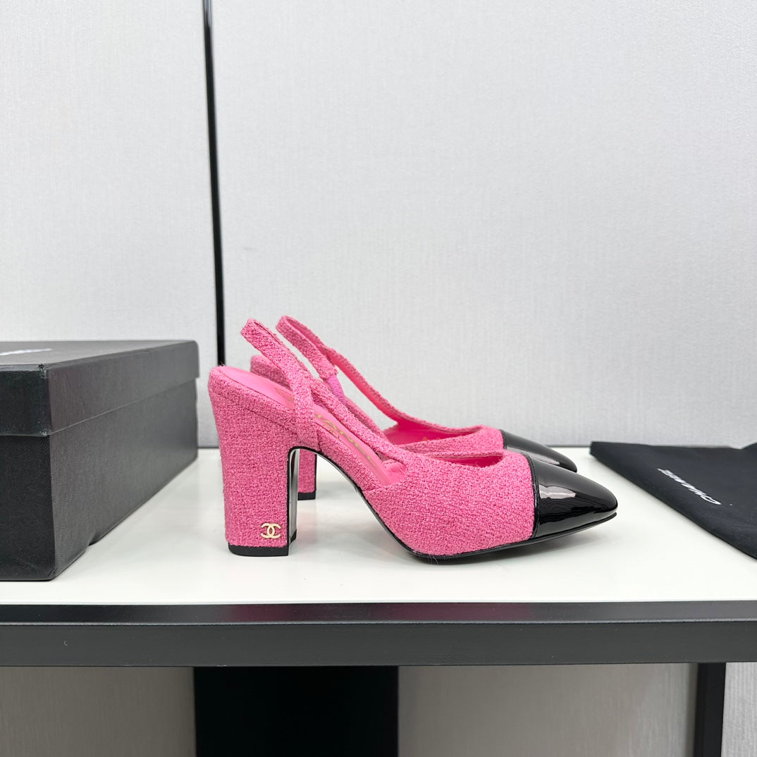 HIGH SLINGBACK BRIGHT PINK TWEED AND BLACK CALFSKIN - 34