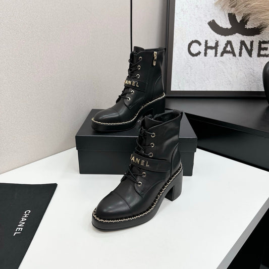 CHANEL 25S ШНУРОВАНІ ЧЕРЕВИКИ НА ПІДБОРАХ З ЧОРНОЇ ТЕЛЯЧОЇ ШКІРИ - 35