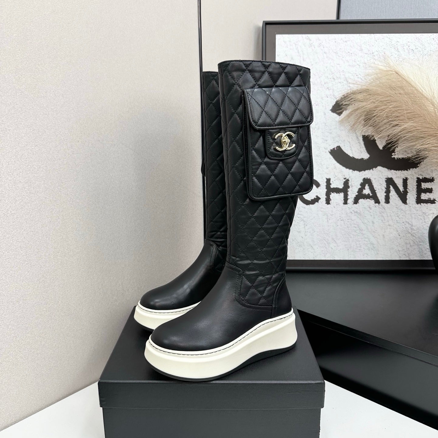 CHANEL 25S WEDGE KNEE-HIGH BOOTS IN BLACK CALFSKIN SILVER HARDWRE - 35