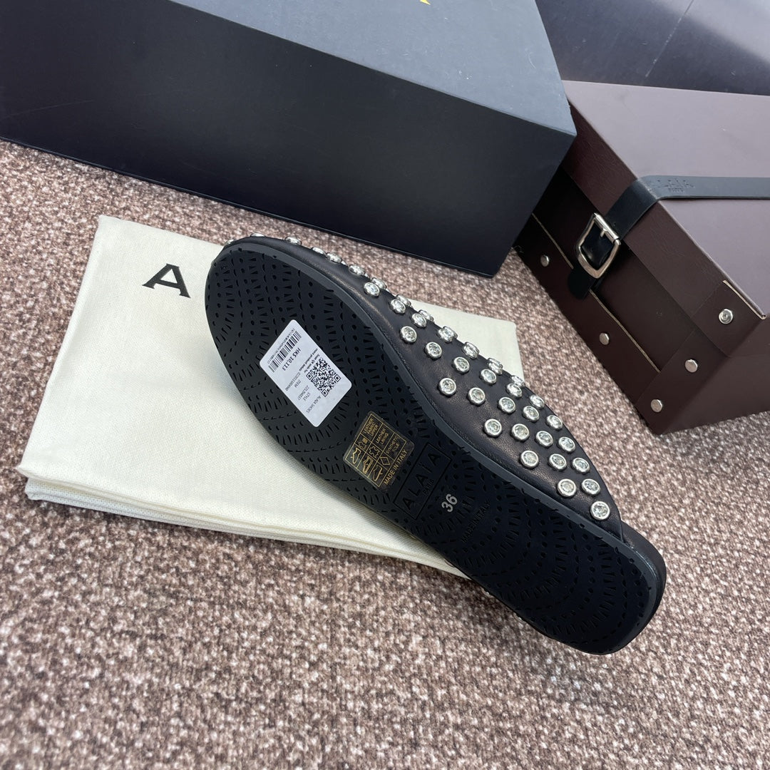 ALAIA FLAT MULES 25S IN BLACK LAMBSKIN EMBELLISHED WITH CRYSTALS - 34