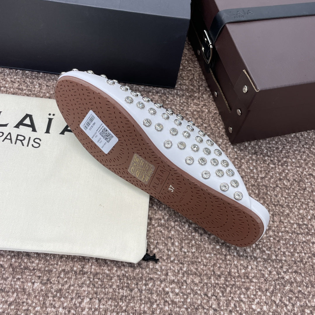 ALAIA FLAT MULES 25S IN WHITE LAMBSKIN EMBELLISHED WITH CRYSTALS - 34