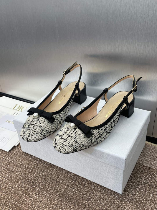 SLINGBACK PUMP IN WHITE MIX BLACK EMBROIDERED CANNAGE TWEED 35 MM - 34
