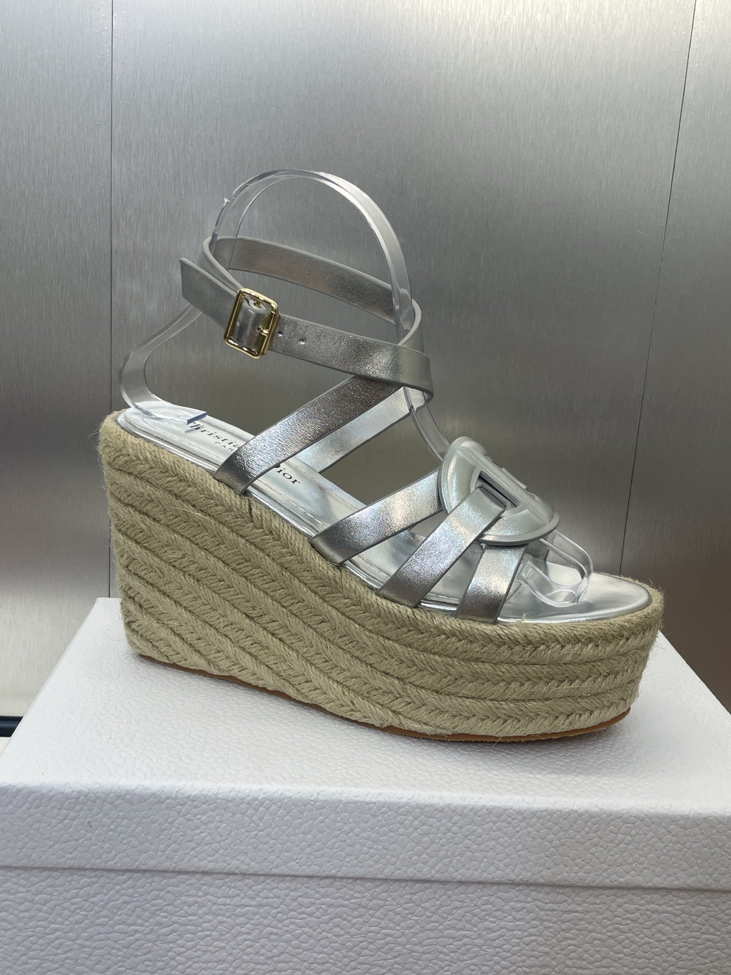 D-CLUB 25S HIGH HEEL WEDGE 100MM IN SILVER GLOSSY CALFSKIN RAFFIA SOLE - 34