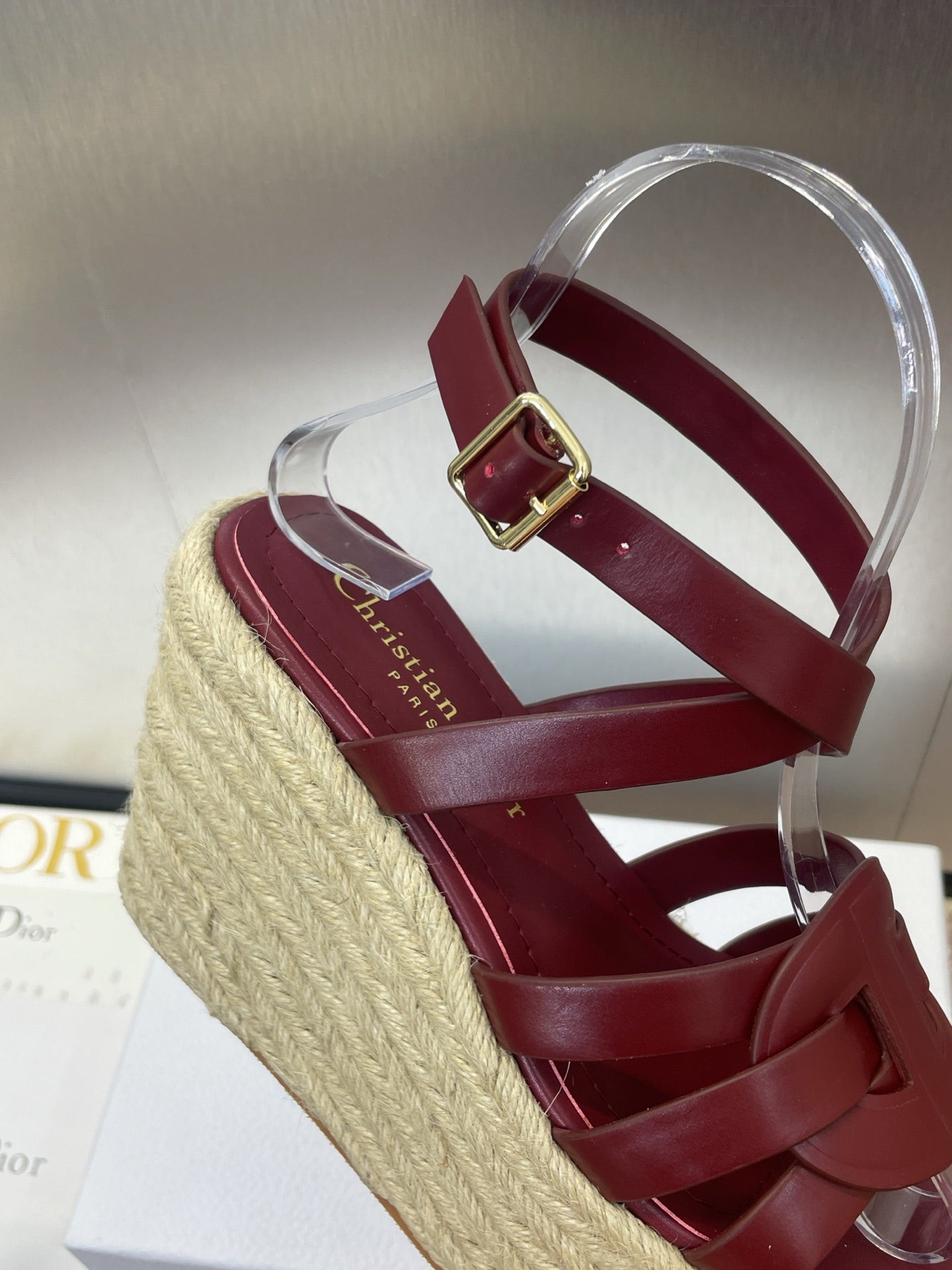 D-CLUB 25S HIGH HEEL WEDGE 100MM IN BURGUNDY RED CALFSKIN RAFFIA SOLE - 34