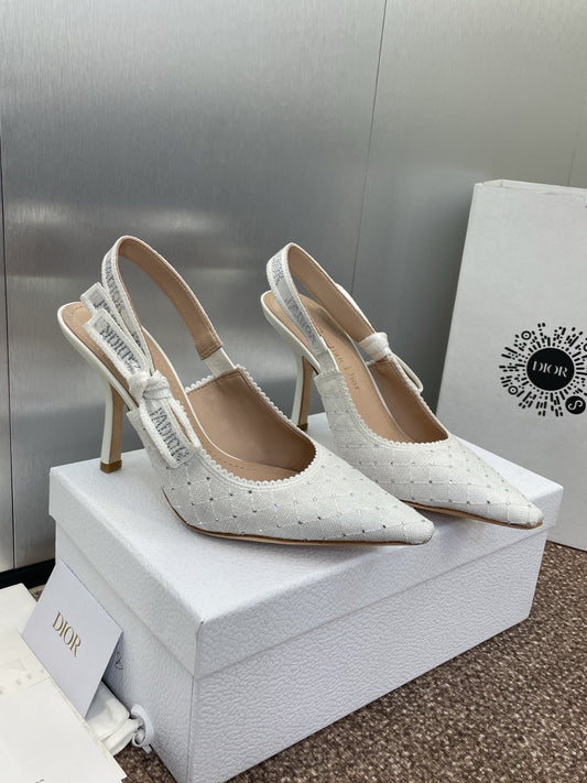 J'ADIOR SLINGBACK 25S PUMP 95MM IN WHITE FABRIC EMBOSSED CRYSTAL - 33