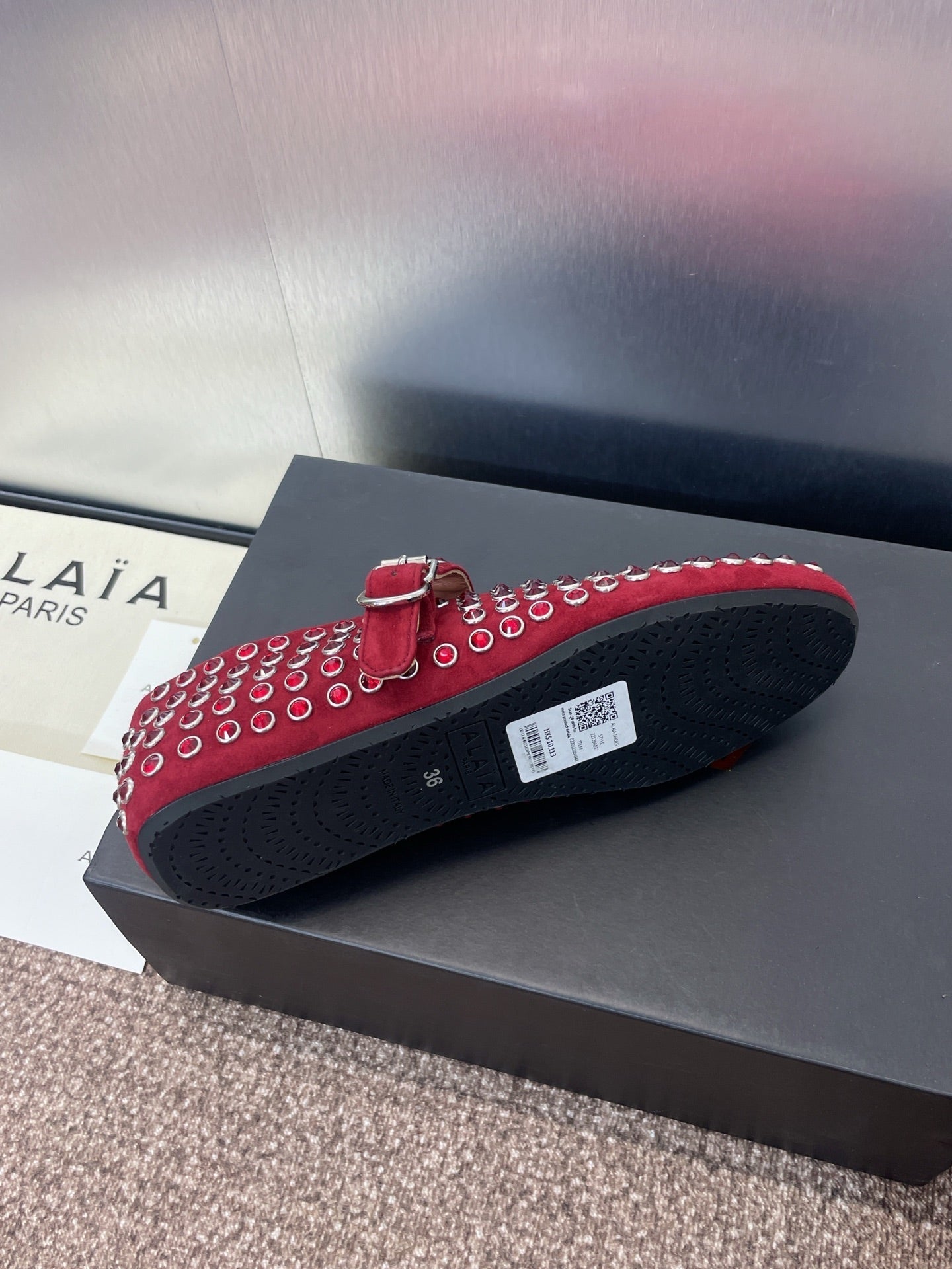 ALAIA MARY JANE FLAT 25S IN DARK RED LAMBSKIN EMBELLISHED WITH CRYSTALS - 34