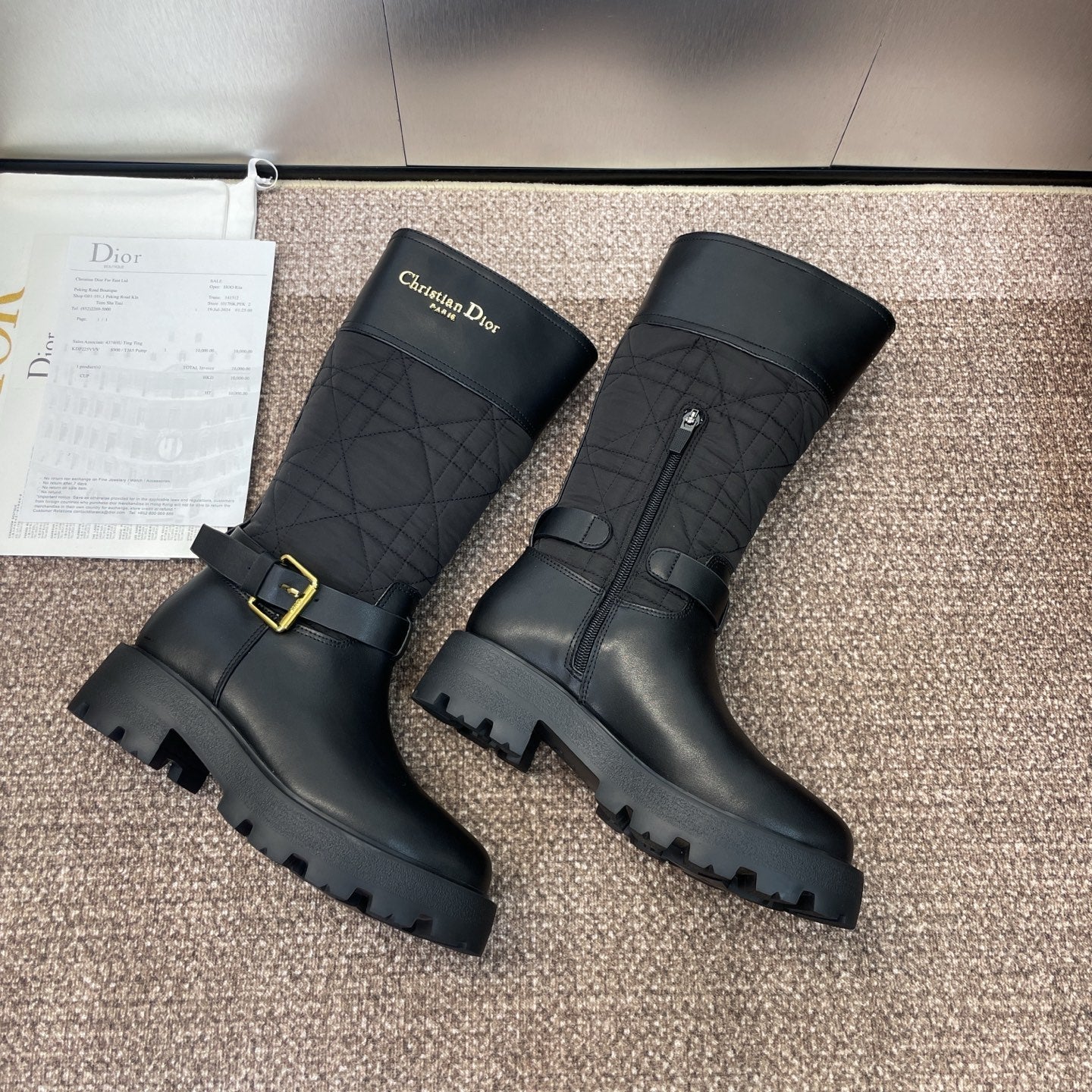 DIOR 25S D-TOWN BOOT 45MM IN BLACK CALFSKIN AND NYLON WITH EMBROIDERED CANNAGE MOTIF - 35