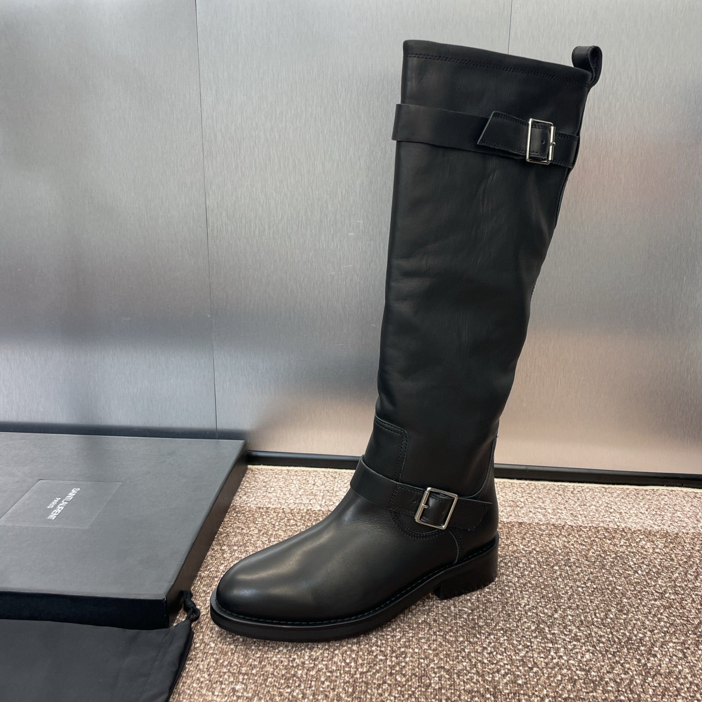 YSL 25S KNEE-HIGH BOOTS 30 MM IN BLACK LAMBSKIN WITH SILVER HARDWARE - 35