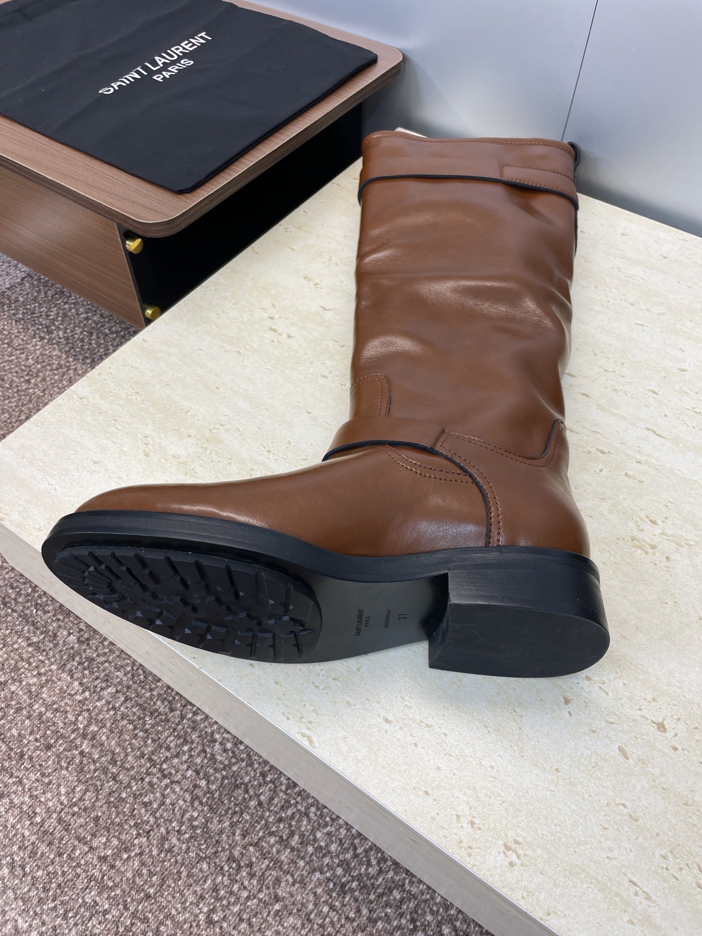 YSL 25S KNEE-HIGH BOOTS 30 MM IN BROWN LAMBSKIN WITH SILVER HARDWARE - 35