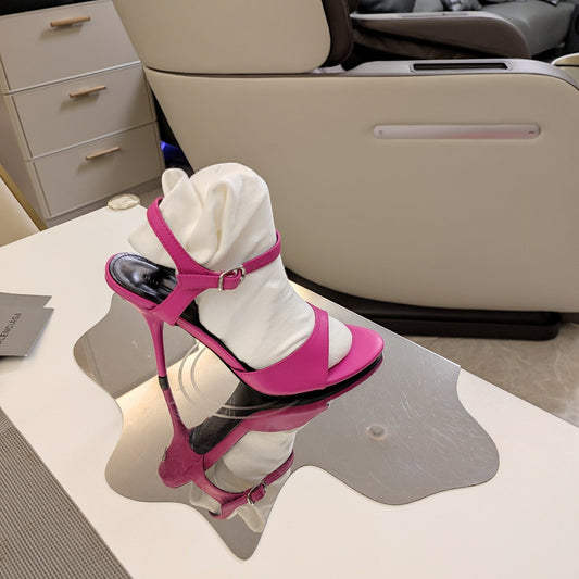 OPEN TOE STRAPPY HIGH HEEL IN PINK CALFSKIN - 34