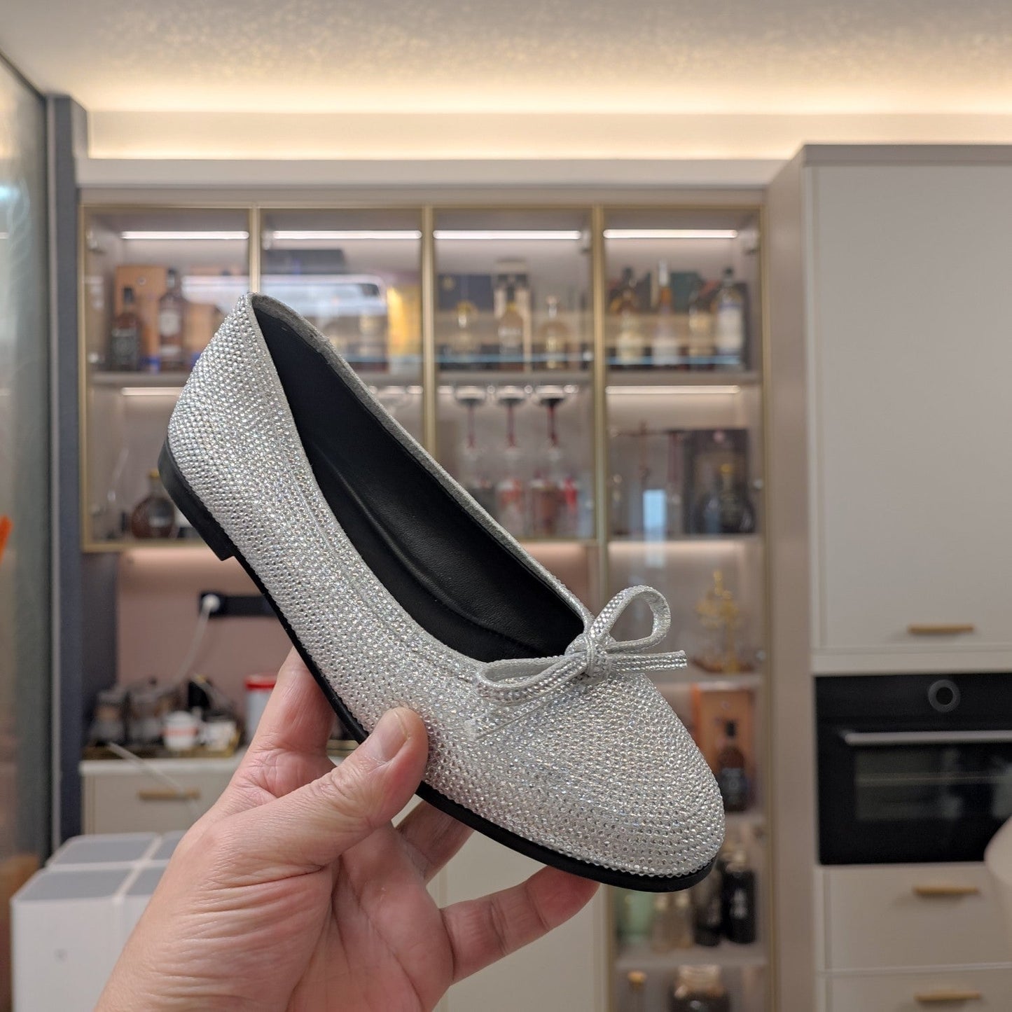 RHINESTONE BALLET FLATS WITH BOW IN METALLIC SILVER SHEEPSKIN - 34