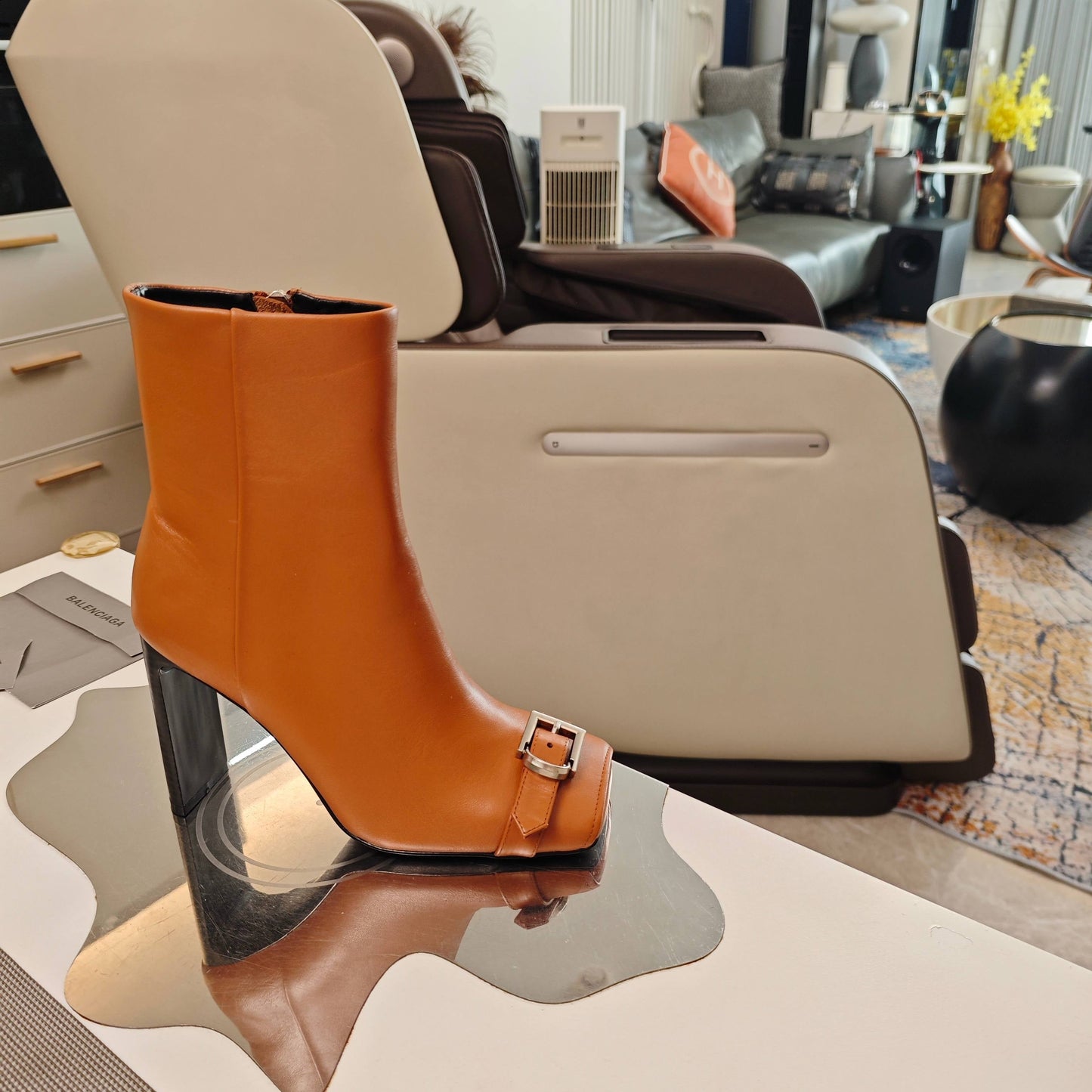 BALENCIAGA 25S BEL AIR BOOTS 115 MM IN DARK ORANGE CALFSKIN WITH SILVER HARDWARE - 34