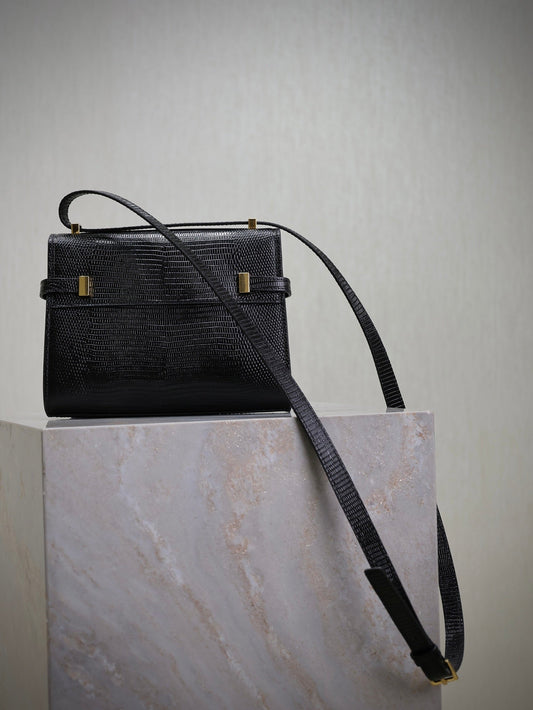YSL 25S MINI MANHATTAN 19 ЧОРНА БЛИСКУЧА ШКІРА ТЕЛЯТИ З ТИСНЕННЯМ ПІД КРОКОДИЛА ФУРНІТУРА ЗОЛОТОГО КОЛЬОРУ