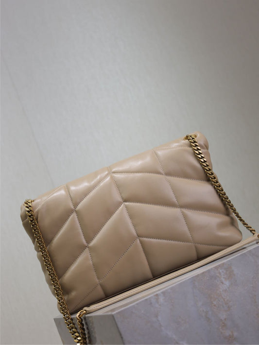 YSL 25S LOULOU PUFFER GM 35 З КОРИЧНЕВОЇ ТЕЛЯЧОЇ ШКІРИ ІЗ ЗОЛОТОЮ ФУРНІТУРОЮ