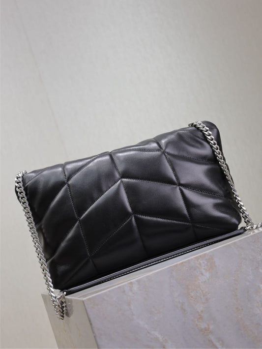 YSL 25S LOULOU PUFFER GM 35 З ЧОРНОЇ ТЕЛЯЧОЇ ШКІРИ СРІБНА ФУРНІТУРА