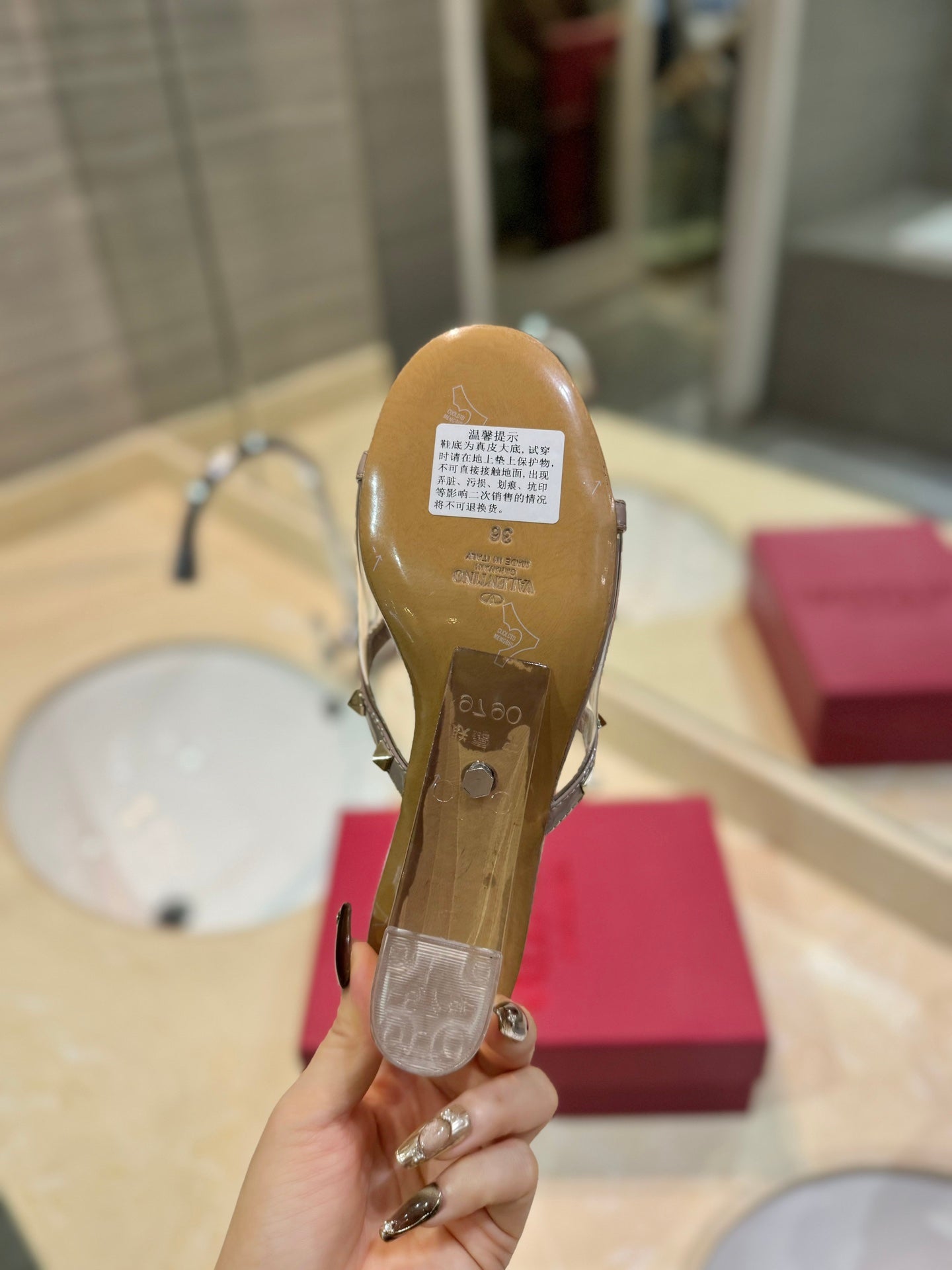 ROCKSTUD MULE SANDALS IN LIGHT PINK CALFSKIN AND TRANSPARENT PVC FILM - 34