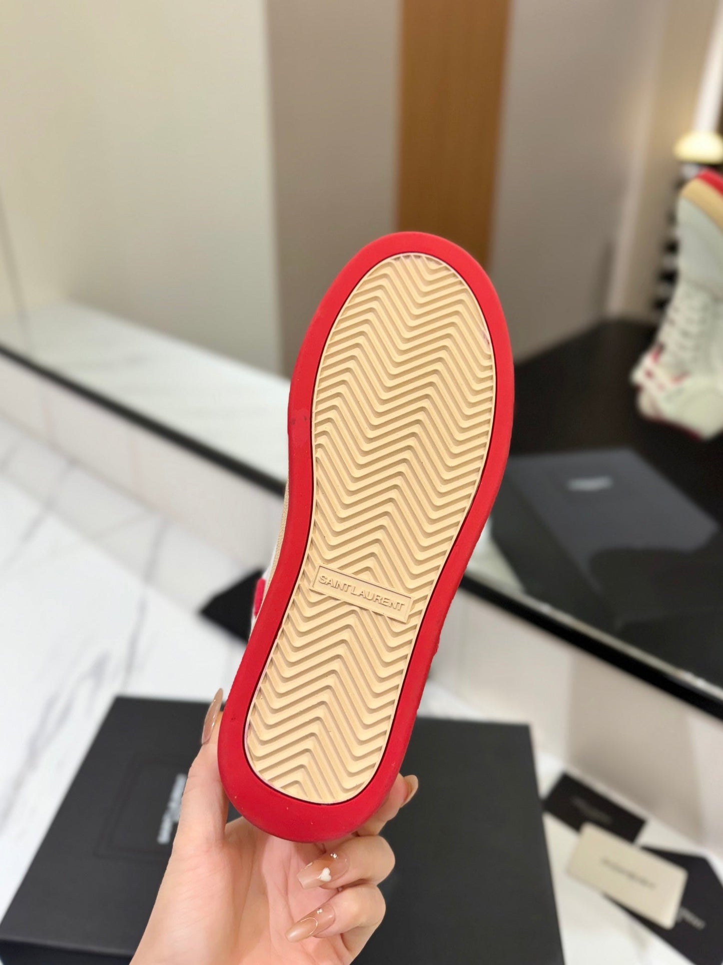 MID-TOP SNEAKERS IN WHITE AND RED TRIM PERFORATED LAMBSKIN - 35