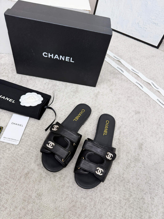 CHANEL 26S DOUBLE STRAP SLIDE SANDALS IN BLACK CALFSKIN