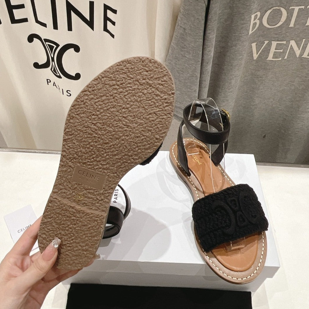 LYMPIA SANDAL IN TRIOMPHE MACCRAMÉ COTTON & CALFSKIN BLACK - 35