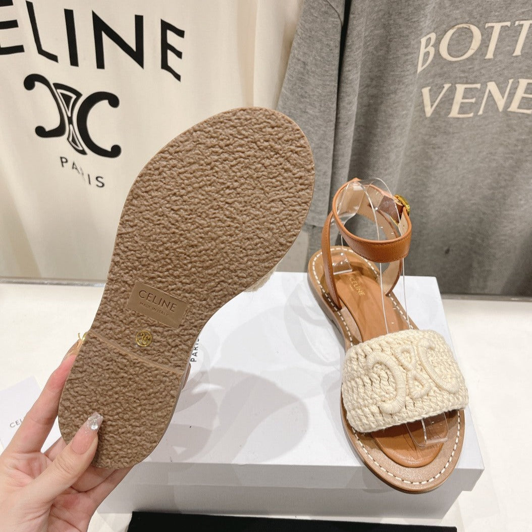 LYMPIA SANDAL IN TRIOMPHE MACCRAMÉ COTTON & CALFSKIN ECRU TAN - 35