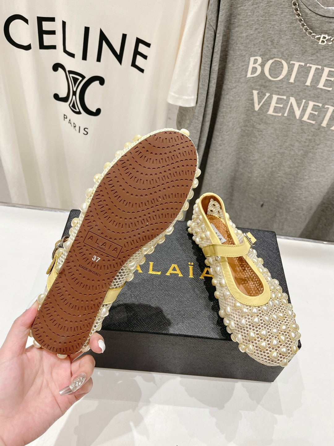 ALAIA PEARL MARY JANE SHOES IN LIGHT YELLOW MESH AND CALFSKIN - 35