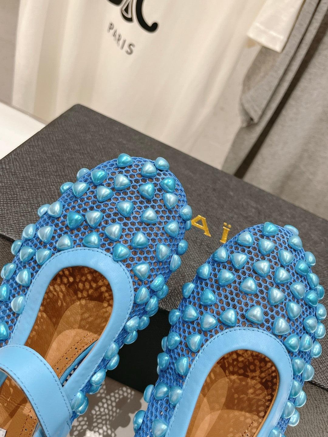 ALAIA PEARL MARY JANE SHOES IN CERULEAN BLUE MESH AND CALFSKIN - 35